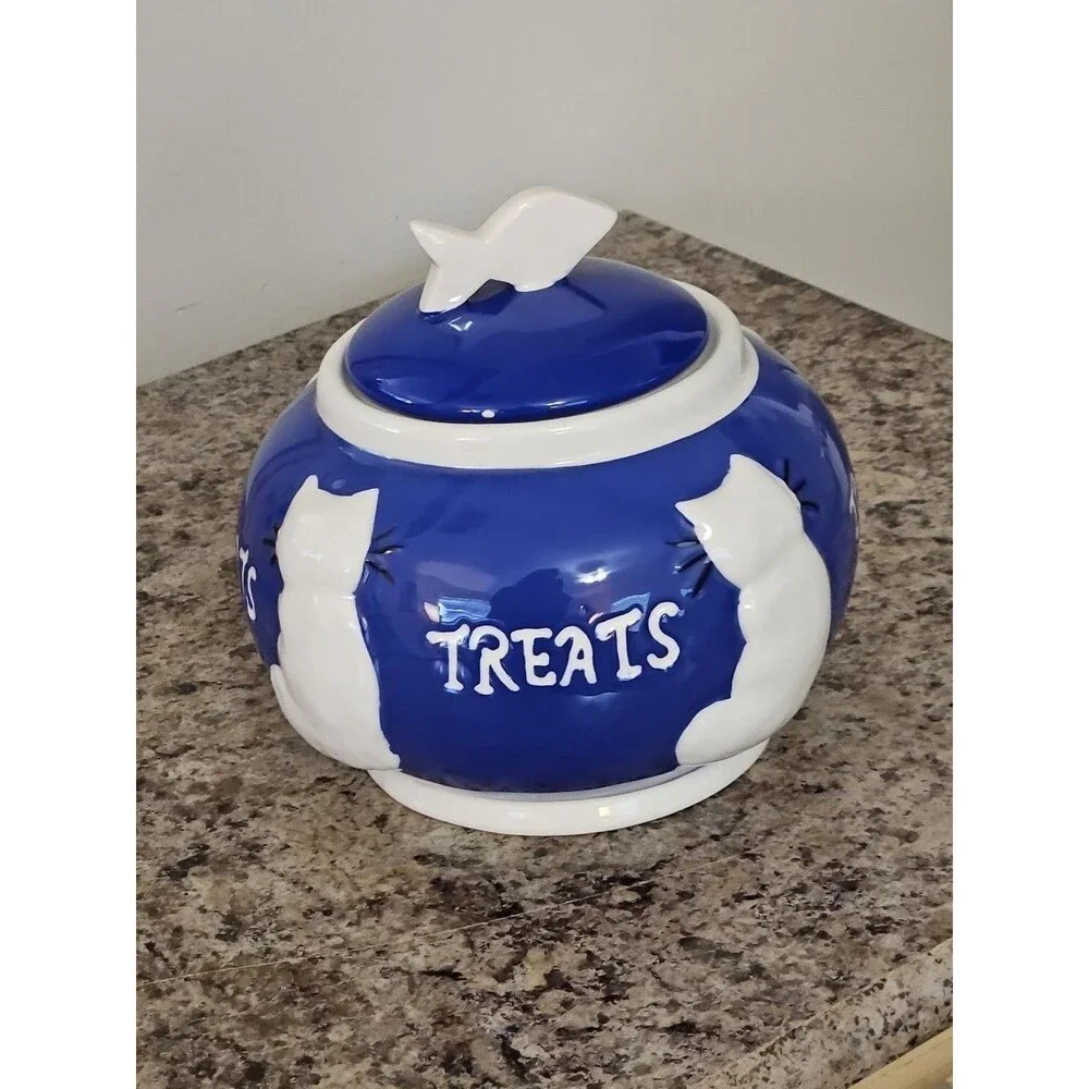 Vintage 1990's Blue & White Ceramic Cat Treats Cookie Jar 4.5